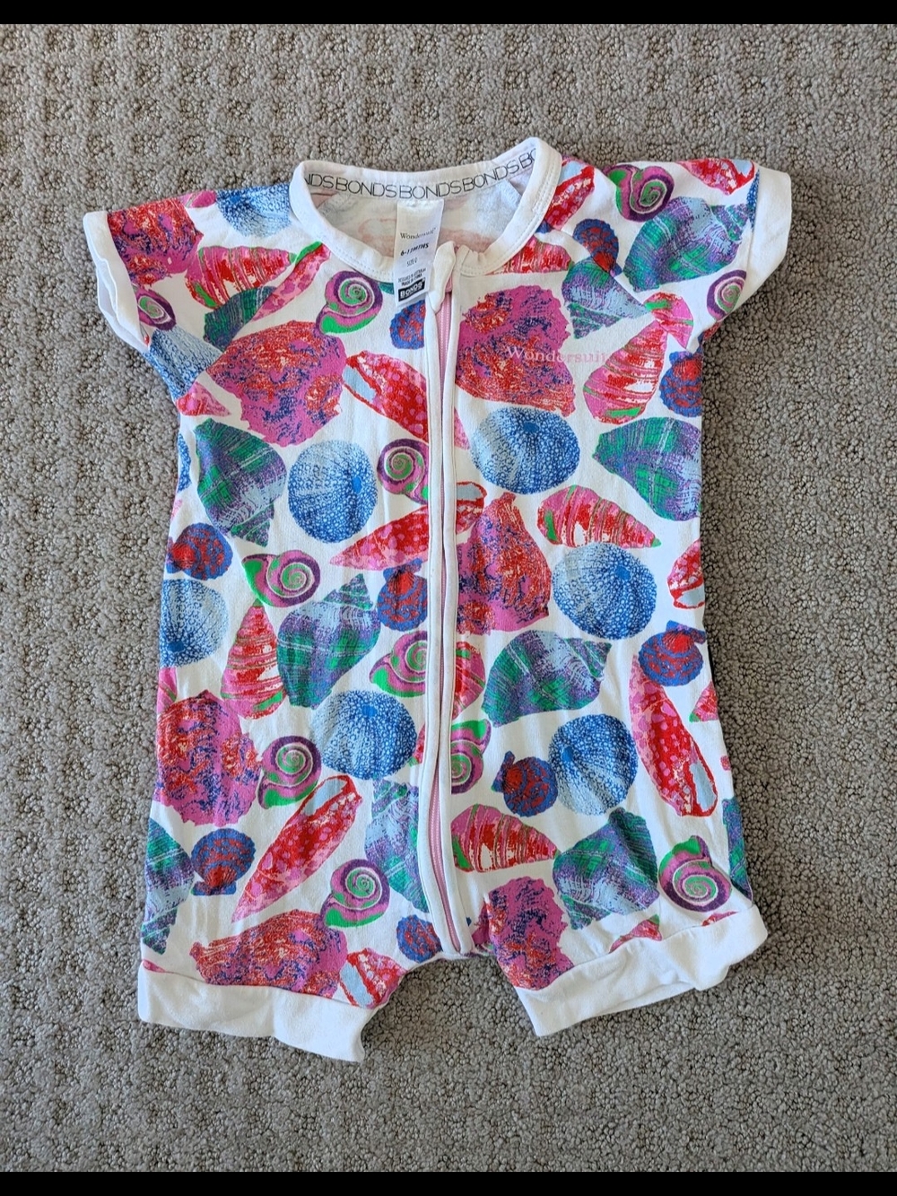Bonds Wondersuit Zippy White Shell-Print Zip Front One-Piece 6-12 Months